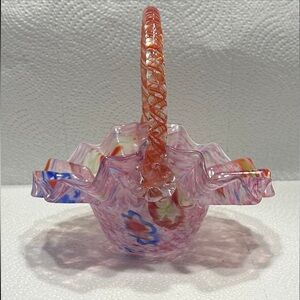 Hand Blown Art Glass Basket With Twisted Rope Handle